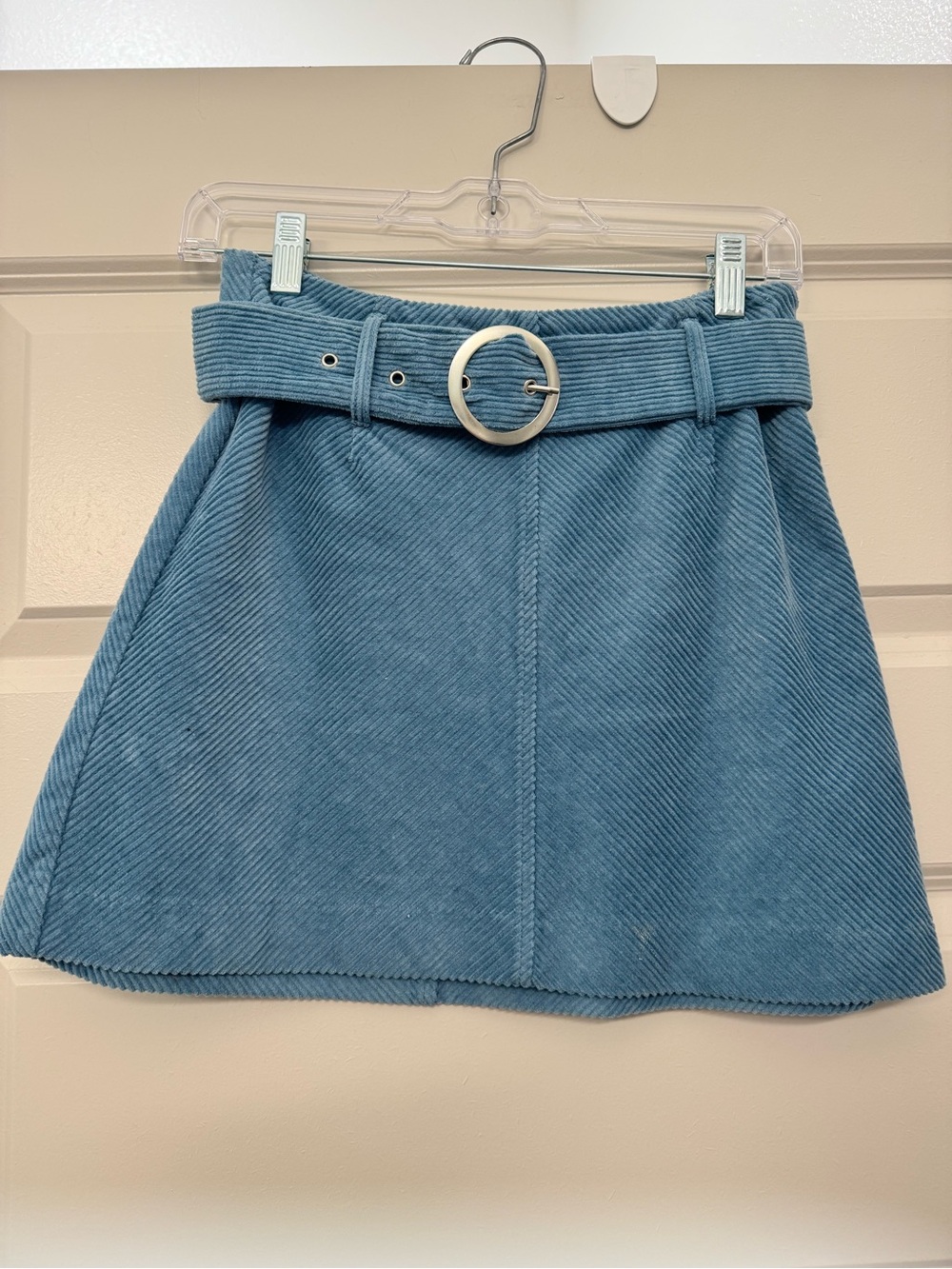 Zara Teal Blue Corduroy A-Line Mini Skirt with Round Buckle Belt